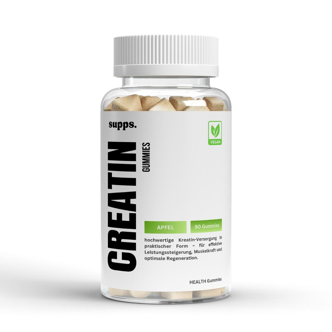Creatin Gums – vegane Creatin-Gummibärchen mit Apfelgeschmack, zuckerfrei, praktische Nahrungsergänzung für Muskelaufbau und Leistungssteigerung
