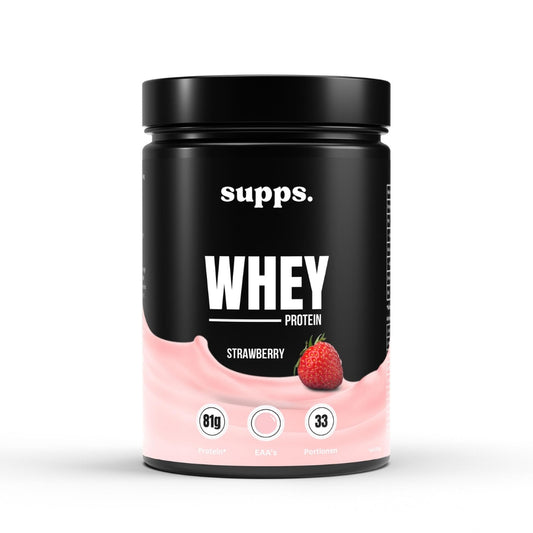 Whey Protein Strawberry – Eiweißpulver mit 98 % Molkeneiweiß für Muskelaufbau, Fettverbrennung und Hautstraffung, fruchtiger Erdbeergeschmack