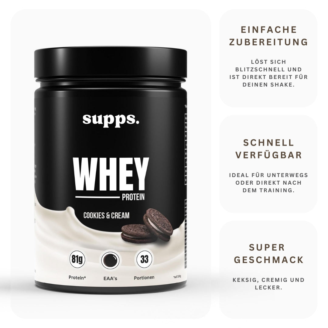 Whey Protein Cookies & Cream – Eiweißpulver mit 98 % Molkeneiweiß zur Unterstützung von Muskelaufbau, Fettverbrennung und Hautstraffung