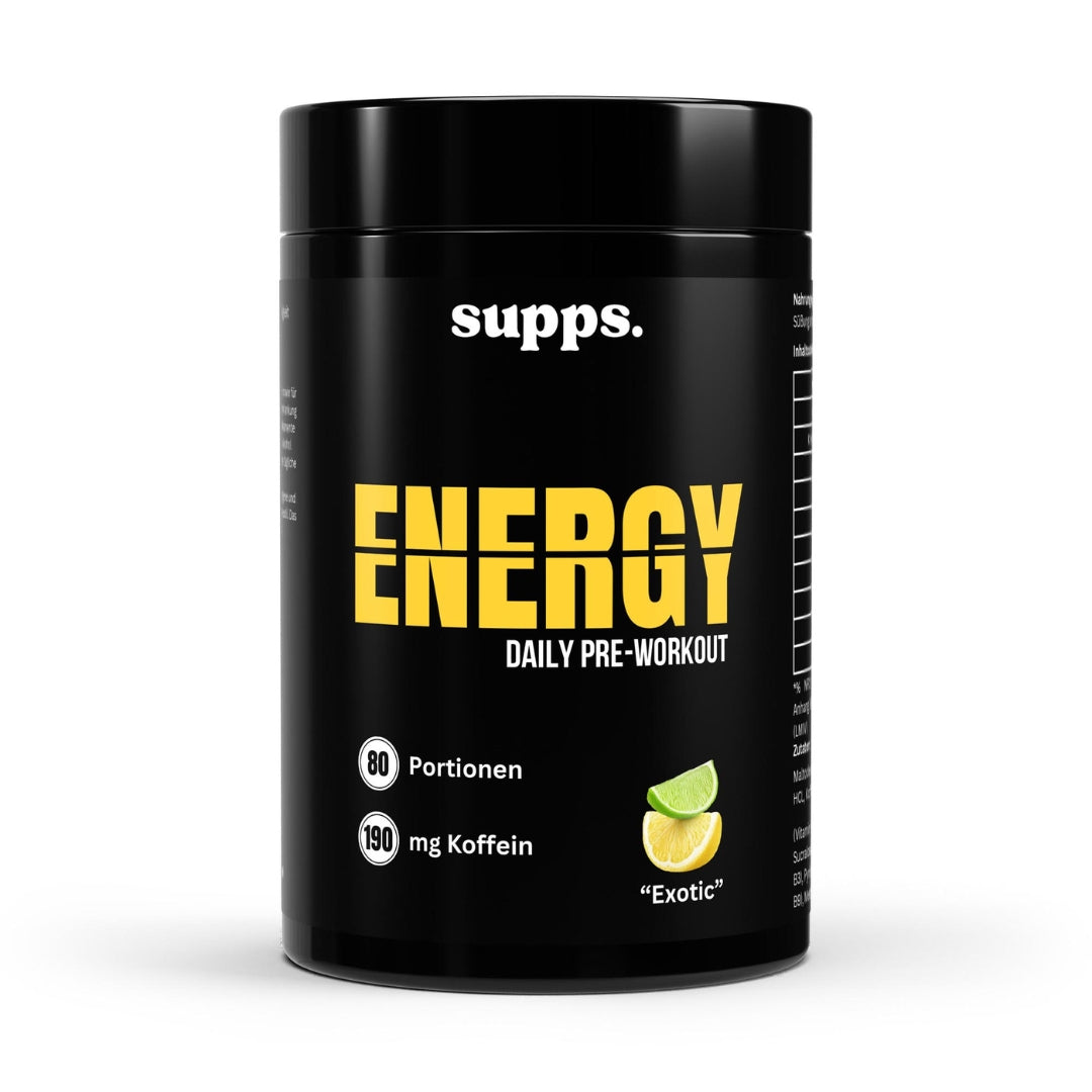 Energy – Pre Workout Exotic: Trainingsbooster mit Koffein, Kreatin, Beta-Alanin & Vitaminen für Fokus, Energie & Kraft – tropischer Fruchtgeschmack