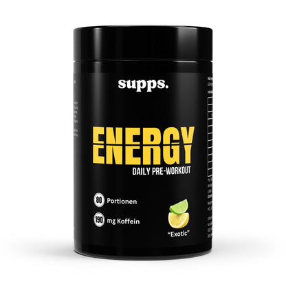Energy – Pre Workout Exotic: Trainingsbooster mit Koffein, Kreatin, Beta-Alanin & Vitaminen für Fokus, Energie & Kraft – tropischer Fruchtgeschmack